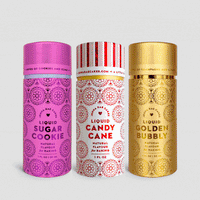 Three vibrant Build Your Own Liquid Flavour Trio bottles by Jenna Rae Cakes—Sugar Cookie (pink), Candy Cane (red/white), and Golden Bubbly (gold)—stand side by side, each with bold text and decorative patterns on the front.