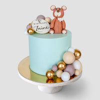 The Baby Animal Balloon Cake by Jenna Rae Cakes features light blue icing, a fondant bear topper, a white plaque with Happy 1st Birthday Taine, and pastel and gold spheres, all displayed on a cake stand.