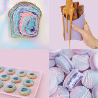 Discover beautiful pastel treats from the Jenna Rae Cakes at Home Cookbook by Jenna Rae Cakes: swirled rainbow bread, caramel-dipped churros, striped donuts, and purple-blue macarons in soft pink, blue, and purple hues.