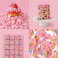 Discover pink dessert inspiration from the Jenna Rae Cakes at Home Cookbook by Jenna Rae Cakes, featuring creations like strawberry-topped donuts, sprinkle cakes with candles, pink rice crispy treats, and colorful marshmallow cereal bark.