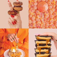 A collage for Jenna Rae Cakes at Home Cookbook shows mini donuts on fingers, peach gummies with a lollipop, a fork cutting peach pie, and stacked chocolate caramel cups—all by Jenna Rae Cakes.