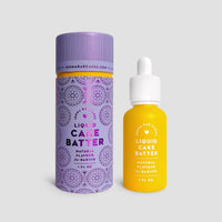 A purple cylindrical container and a yellow dropper bottle, both labeled Jenna Rae Cakes Liquid Cake Batter - Package of 6, 1 FL OZ, are displayed against a plain light gray background.