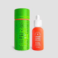 A bright green patterned container and an orange dropper bottle from Jenna Rae Cakes Liquid Candy Melon - Package of 6 are displayed against a plain light gray background.