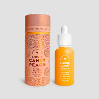Two cylindrical containers and a dropper bottle, from Jenna Rae Cakes, labeled Liquid Candy Peach - Package of 6, with peach and orange designs on a plain gray background.