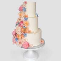 Jenna Rae Cakes Wedding Cakes ($1,000+) feature three tiers in white, adorned with cascading pastel flowers—pink, peach, and blue—presented on a white stand against a simple light background.