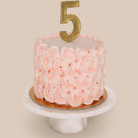 The Jenna Rae Cakes Design Your Own Cake is shown with pink rosettes, a gold number 5 candle, and displayed on a marble stand against a beige background.