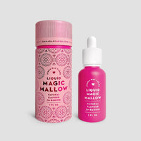 A light gray background features a pink container and a matching dropper bottle labeled Liquid Magic Mallow by Jenna Rae Cakes, natural baking flavour.