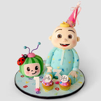 Jenna Rae Cakes’ One-of-a-Kind Cakes: A birthday cake with a baby in blue pajamas and party hat, a green bug with ladybug, number 1 & 2 candles, and two decorated cupcakes on a colorful mat.