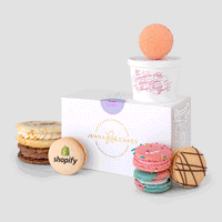 The Jenna Rae Cakes Sweet Treat Gift Box is displayed with assorted colorful macarons, a Shopify logo cookie, and a small cup topped with a pink macaron, all arranged on a light gray background.