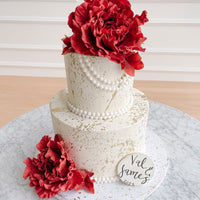 Jenna Rae Cakes’ Wedding Cakes Under $500 features a two-tier white cake with gold speckles, bold red flowers, pearl-like beads, and a custom “Val & James 2024” plaque on a marble-patterned board.