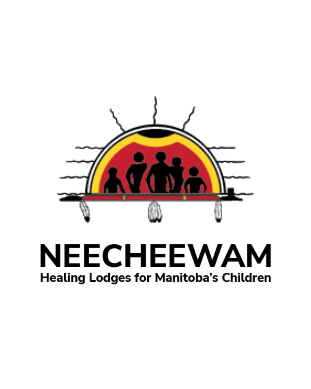 Logo for Neecheewam, Healing Lodges for Manitoba’s Children, featuring silhouettes of five people in front of a yellow and red sunrise with black lines and feathers hanging below.
