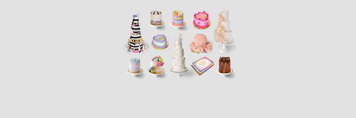 A variety of decorative cakes, including tiered, floral, novelty, and rainbow cakes, are arranged in three rows on a light grey background.