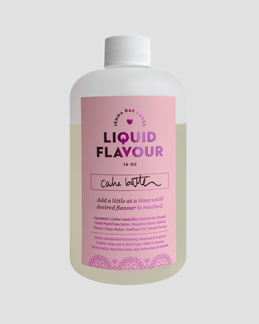 A 16 oz bottle of Jenna Rae Cakes Commercial Liquid Cake Batter, featuring a pink label and white cap, is displayed against a plain light background.