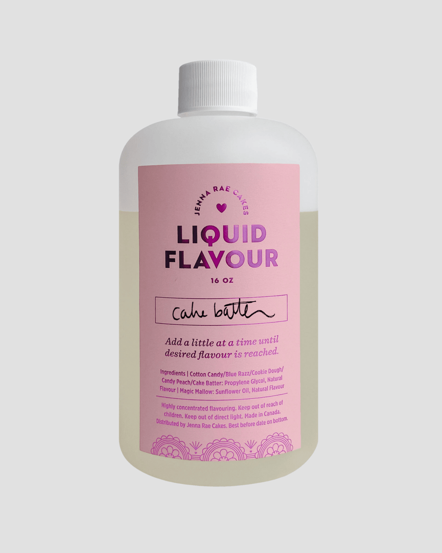 A 16 oz bottle of Jenna Rae Cakes Commercial Liquid Cake Batter, featuring a pink label and white cap, is displayed against a plain light background.