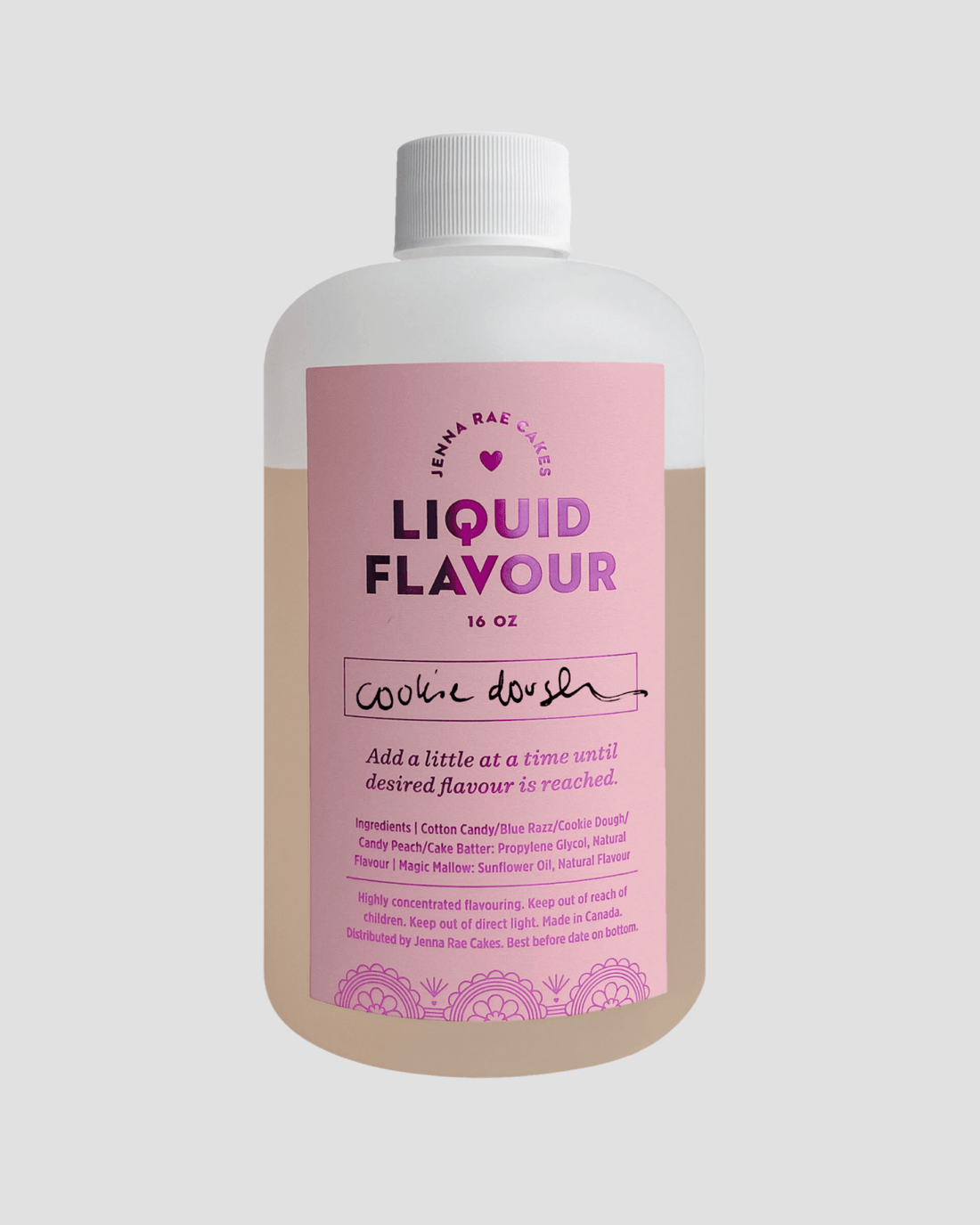 A 16 oz bottle of Jenna Rae Cakes Commercial Liquid Cookie Dough features a pink label with floral graphics, a white cap, and lists ingredients and usage directions.