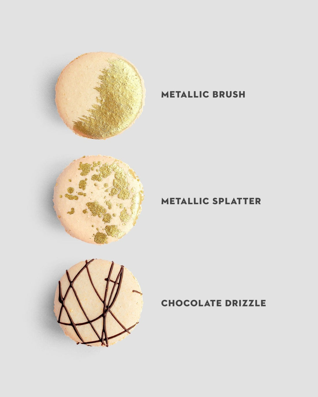 Three Jenna Rae Cakes Custom Single Macaron Bags on a light gray background: the top has a gold brushed design, the middle features gold splatter, and the bottom displays chocolate drizzle in a crisscross pattern, each labeled.