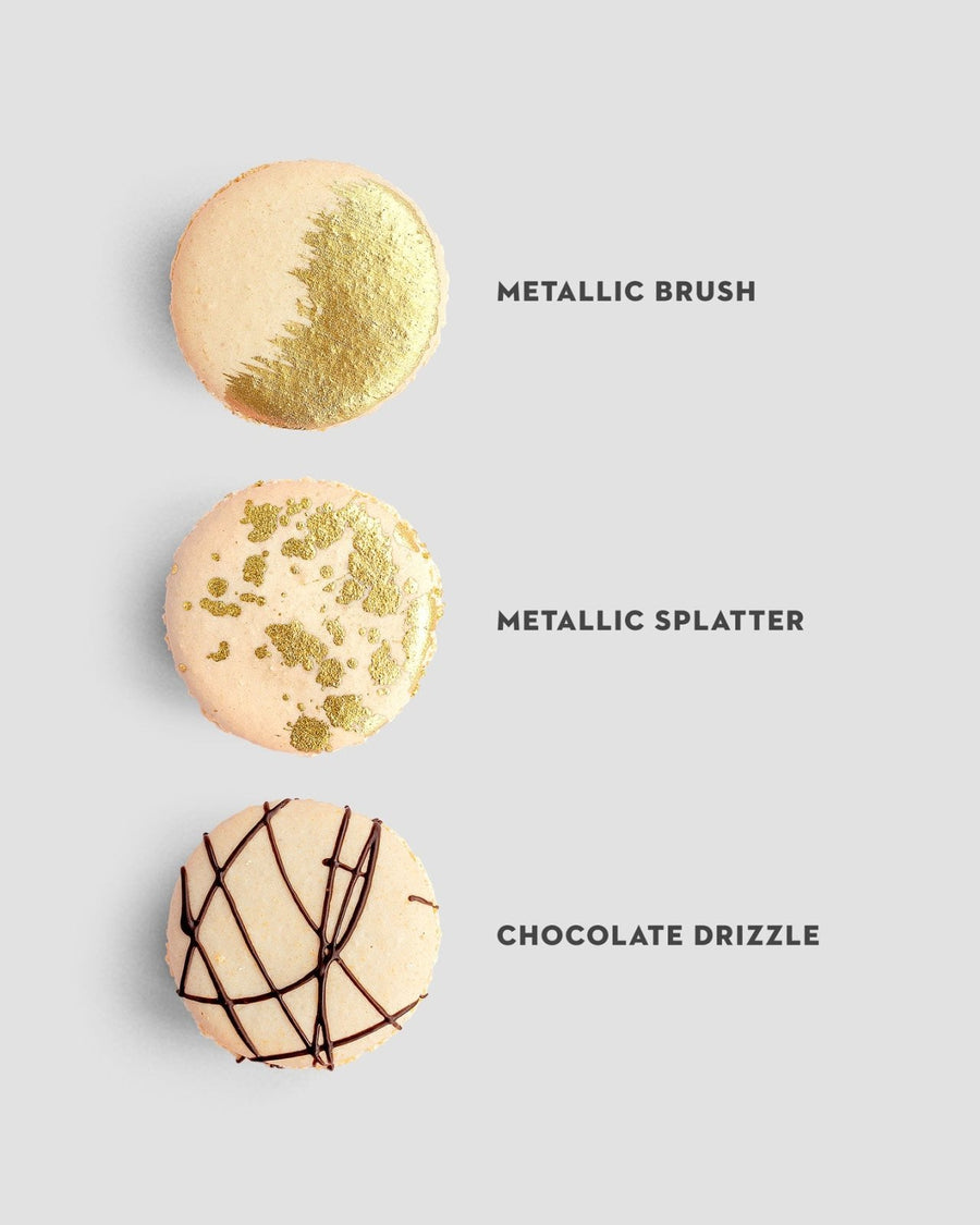 Three Jenna Rae Cakes Custom Single Macaron Bags on a light gray background: the top has a gold brushed design, the middle features gold splatter, and the bottom displays chocolate drizzle in a crisscross pattern, each labeled.