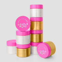 Three small jars with bright pink lids labeled Jenna Rae Cakes Disco Ball Edible Glitter (20g each) are stacked together, holding shimmering gold and white glitter. The package includes 3 containers, set against a light gray background.