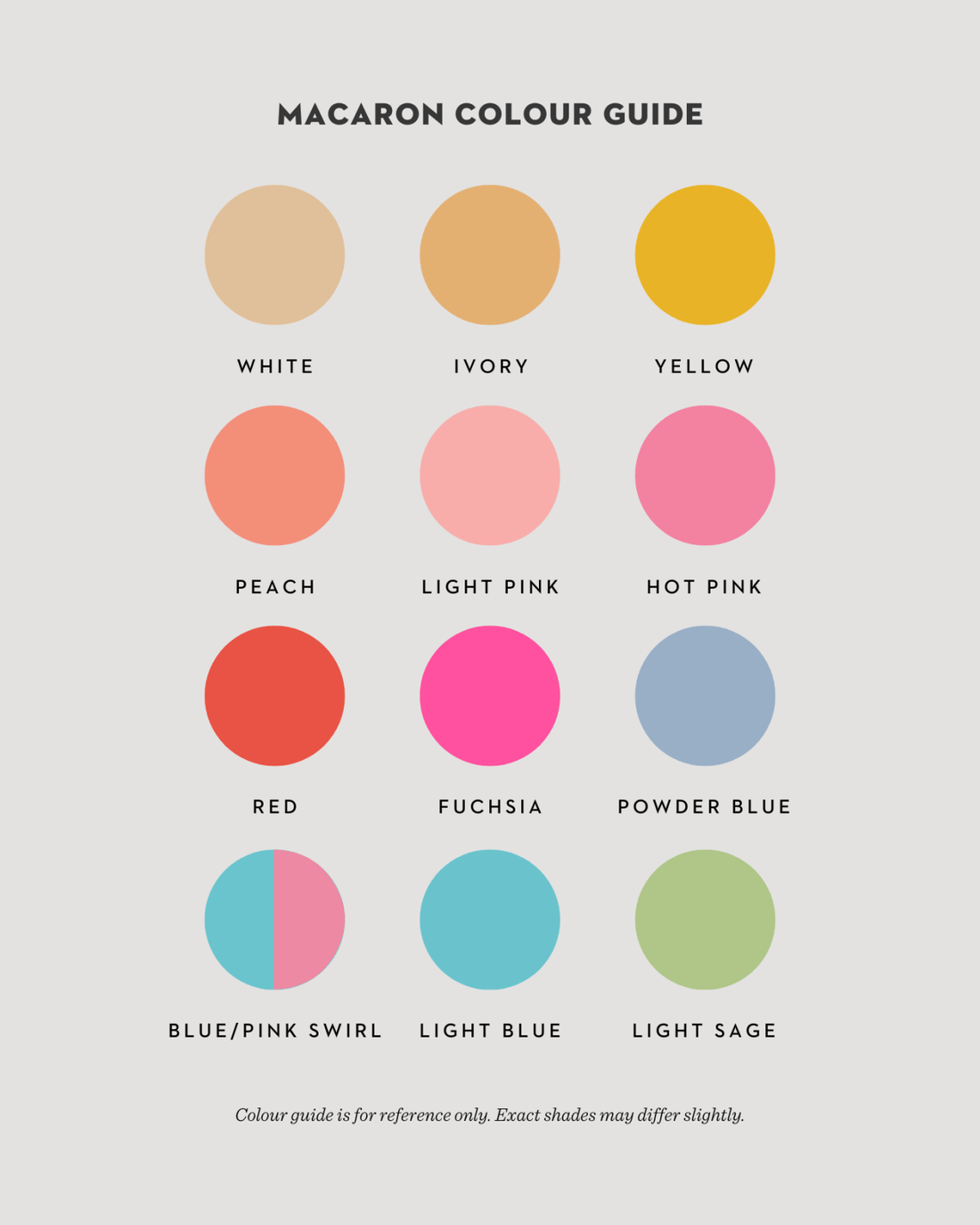 A chart titled “Macaron Colour Guide” from Jenna Rae Cakes’ Macaron Towers shows 12 colored circles: White, Ivory, Yellow, Peach, Light Pink, Hot Pink, Red, Fuchsia, Powder Blue, Blue/Pink Swirl, Light Blue, and Light Sage.