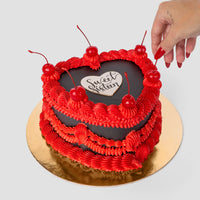 Design This Cake- Cake Size: Short | Cake Colour: Black | Piping Style: Fancy | Piping Colour: Red | Add Cherries | Add Heart Greeting Plaque