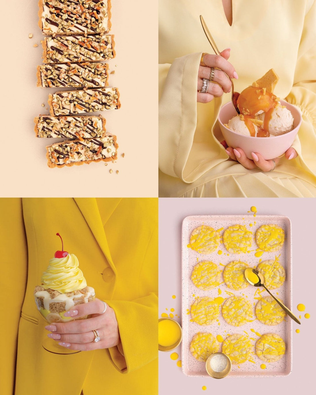 A collage of four images from Jenna Rae Cakes at Home Cookbook by Jenna Rae Cakes: chocolate-drizzled nut bars, a person in yellow with ice cream, another with a whipped-cream dessert and cherry, and glazed lemon cookies.
