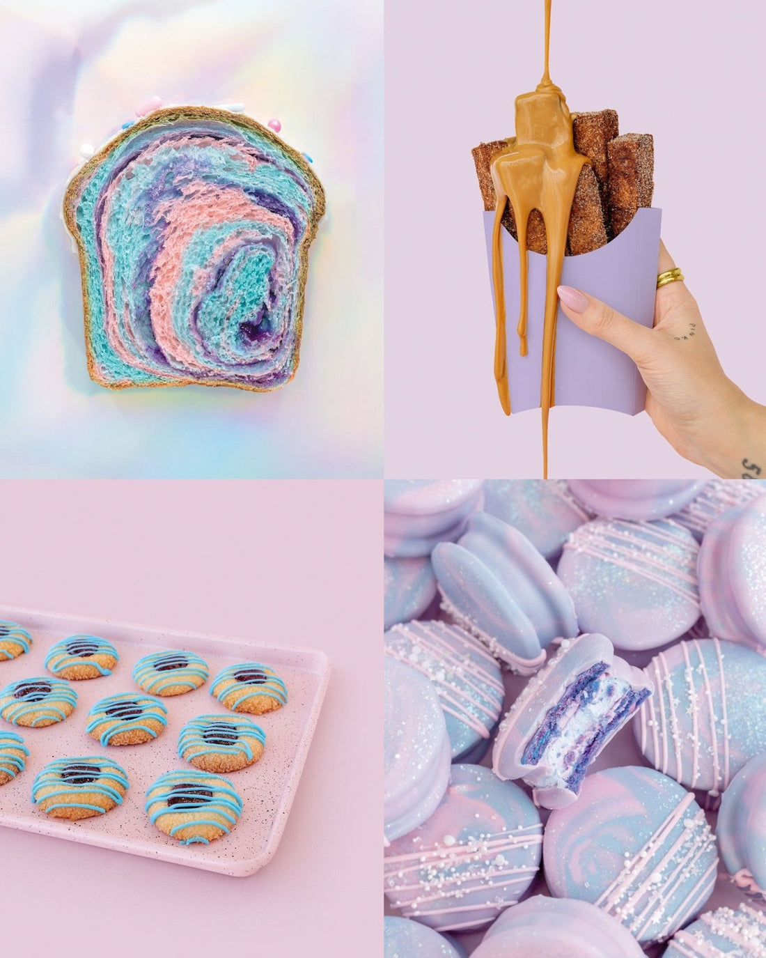 Discover beautiful pastel treats from the Jenna Rae Cakes at Home Cookbook by Jenna Rae Cakes: swirled rainbow bread, caramel-dipped churros, striped donuts, and purple-blue macarons in soft pink, blue, and purple hues.
