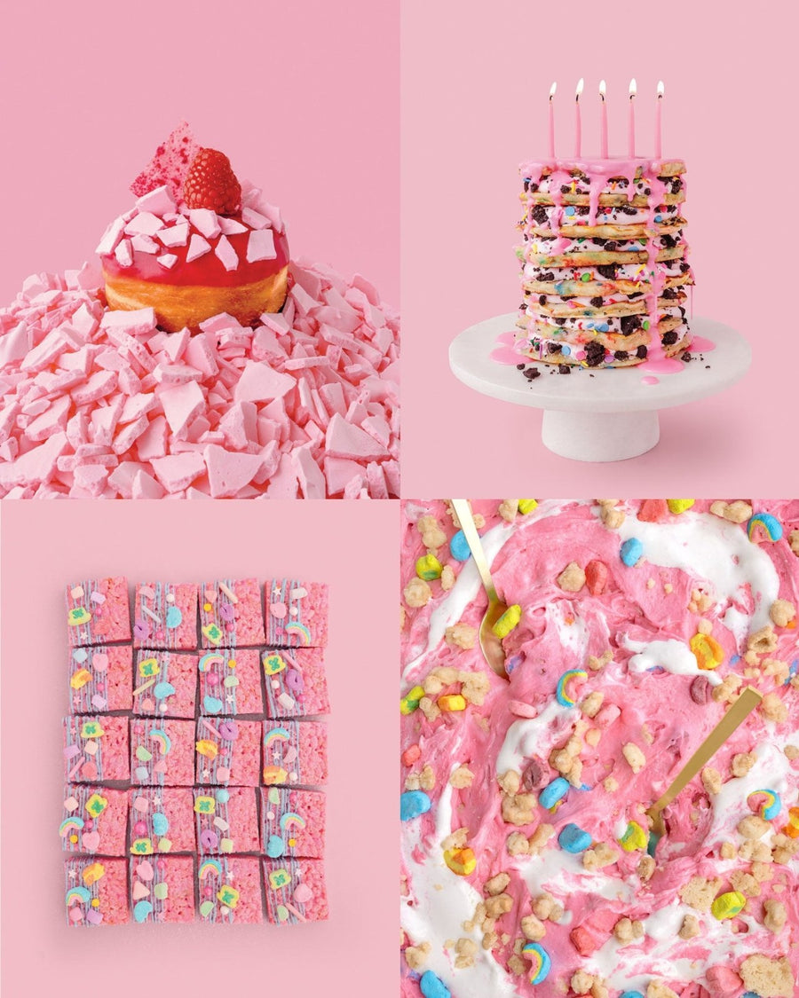 Discover pink dessert inspiration from the Jenna Rae Cakes at Home Cookbook by Jenna Rae Cakes, featuring creations like strawberry-topped donuts, sprinkle cakes with candles, pink rice crispy treats, and colorful marshmallow cereal bark.