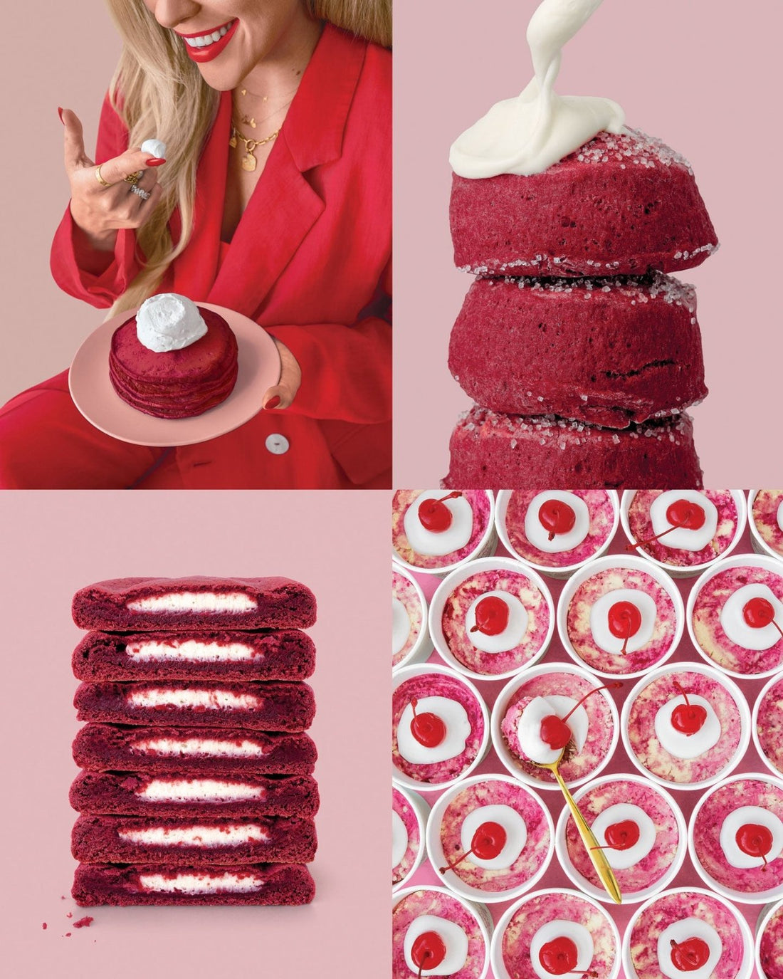 A collage shows red velvet pancakes, sandwich cookies, and desserts with cream from Jenna Rae Cakes at Home Cookbook by Jenna Rae Cakes.
