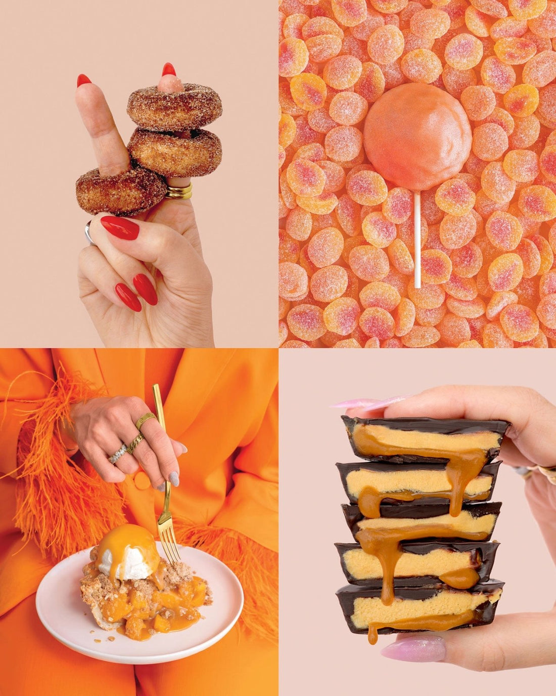 A collage for Jenna Rae Cakes at Home Cookbook shows mini donuts on fingers, peach gummies with a lollipop, a fork cutting peach pie, and stacked chocolate caramel cups—all by Jenna Rae Cakes.