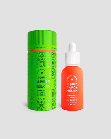 A bright green patterned container and an orange dropper bottle from Jenna Rae Cakes Liquid Candy Melon - Package of 6 are displayed against a plain light gray background.