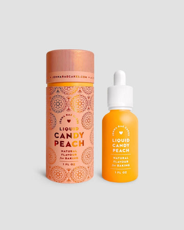 Two cylindrical containers and a dropper bottle, from Jenna Rae Cakes, labeled Liquid Candy Peach - Package of 6, with peach and orange designs on a plain gray background.
