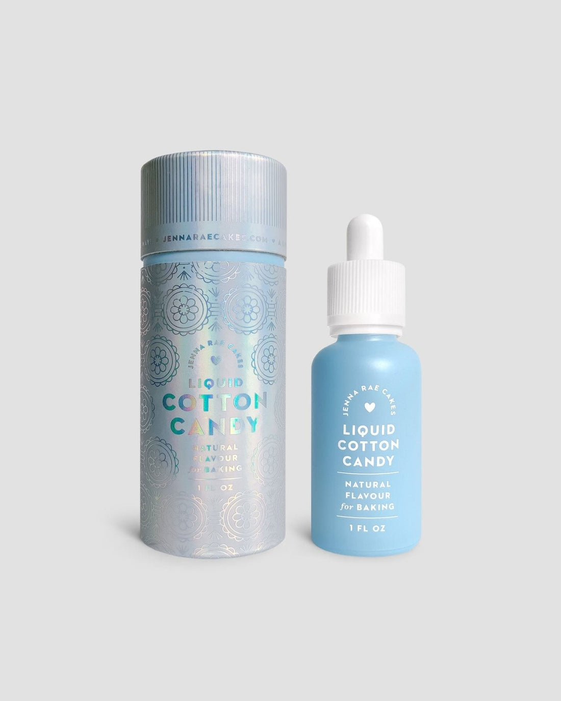 A set of six blue dropper bottles labeled Jenna Rae Cakes Liquid Cotton Candy stands beside matching iridescent cylindrical boxes, all displayed on a light gray background.