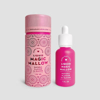 A pink bottle of Jenna Rae Cakes Liquid Magic Mallow - Package of 6, with a white dropper cap, stands next to a matching pink patterned container bearing similar branding on a light gray background.