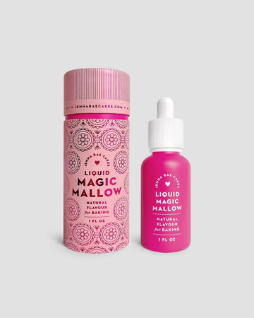 A pink bottle of Jenna Rae Cakes Liquid Magic Mallow - Package of 6, with a white dropper cap, stands next to a matching pink patterned container bearing similar branding on a light gray background.