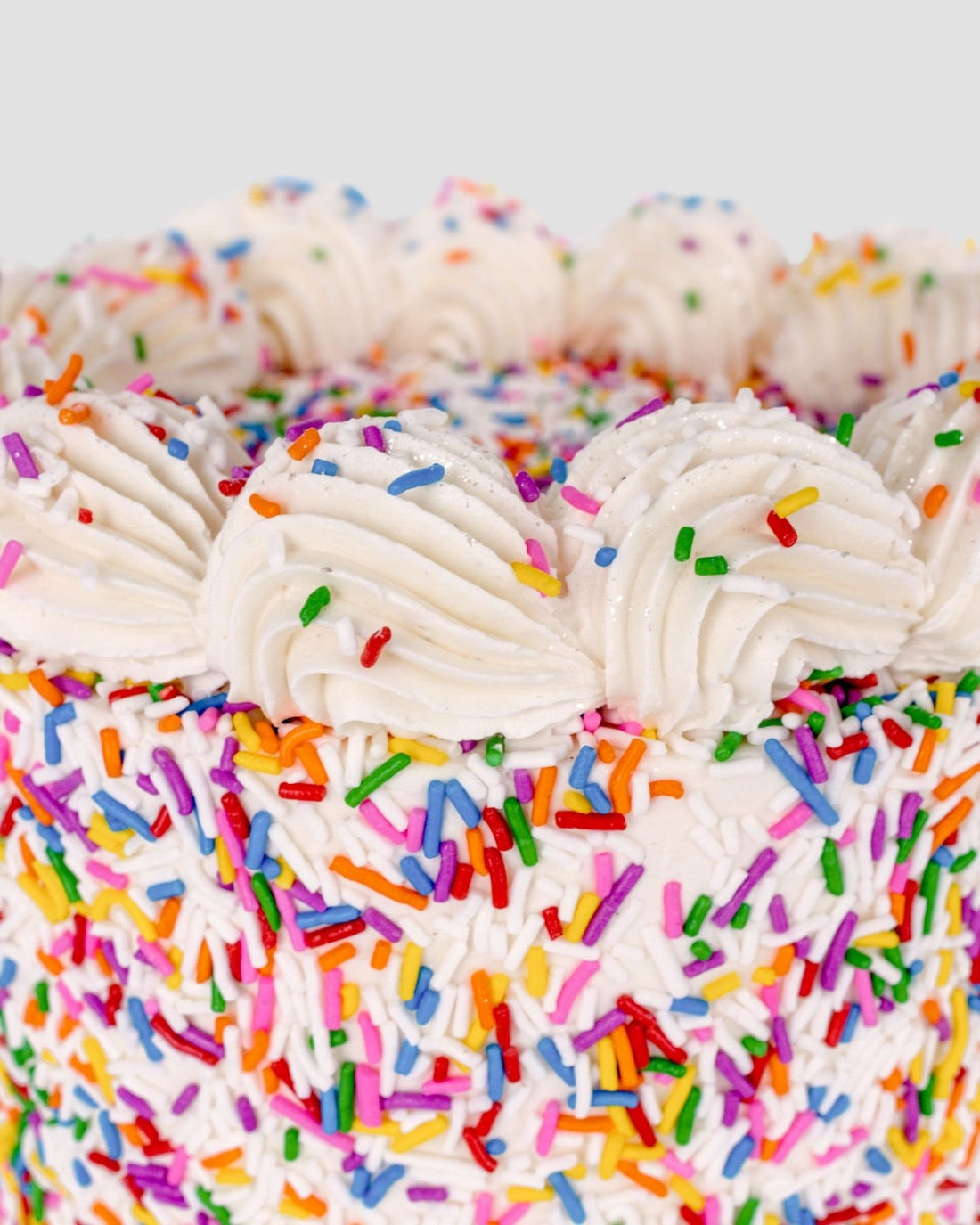 The Mini Vanilla Sprinkle Cake by Jenna Rae Cakes features vibrant rainbow sprinkles and swirls of white frosting on top, set against a simple light background that highlights its colorful decoration.