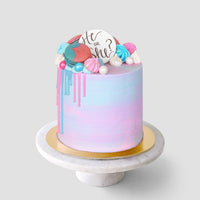 The Reveal Works Cake by Shop Jenna Rae Cakes features pastel pink and blue frosting with dripping icing, colorful meringues, and a “He or She?” white chocolate disk, all presented on a marble cake stand against a gray background.