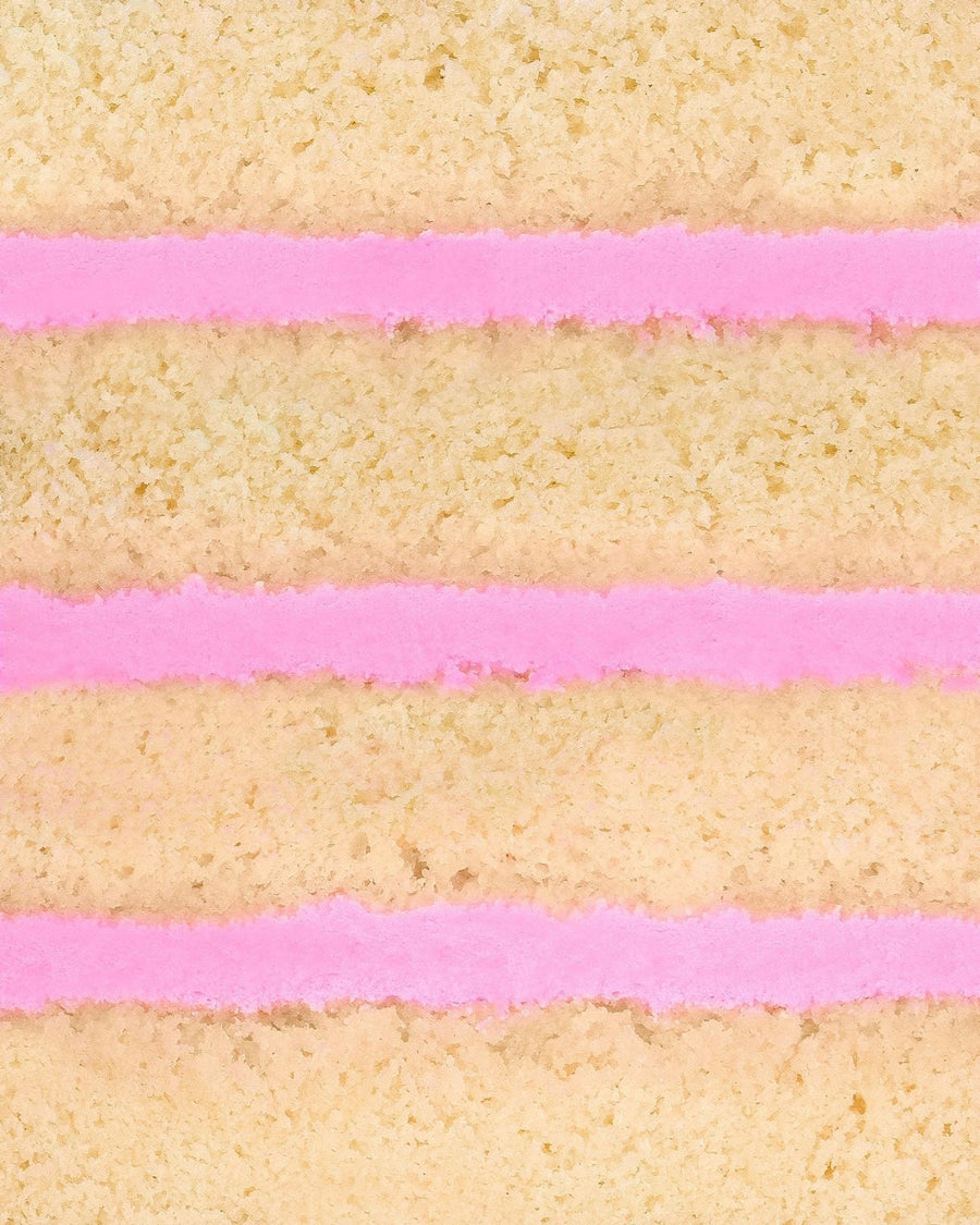 Close-up of the Reveal Works Cake by Shop Jenna Rae Cakes, featuring three layers of light yellow sponge with bright pink frosting between each layer, highlighting the cakes texture and vibrant colors.
