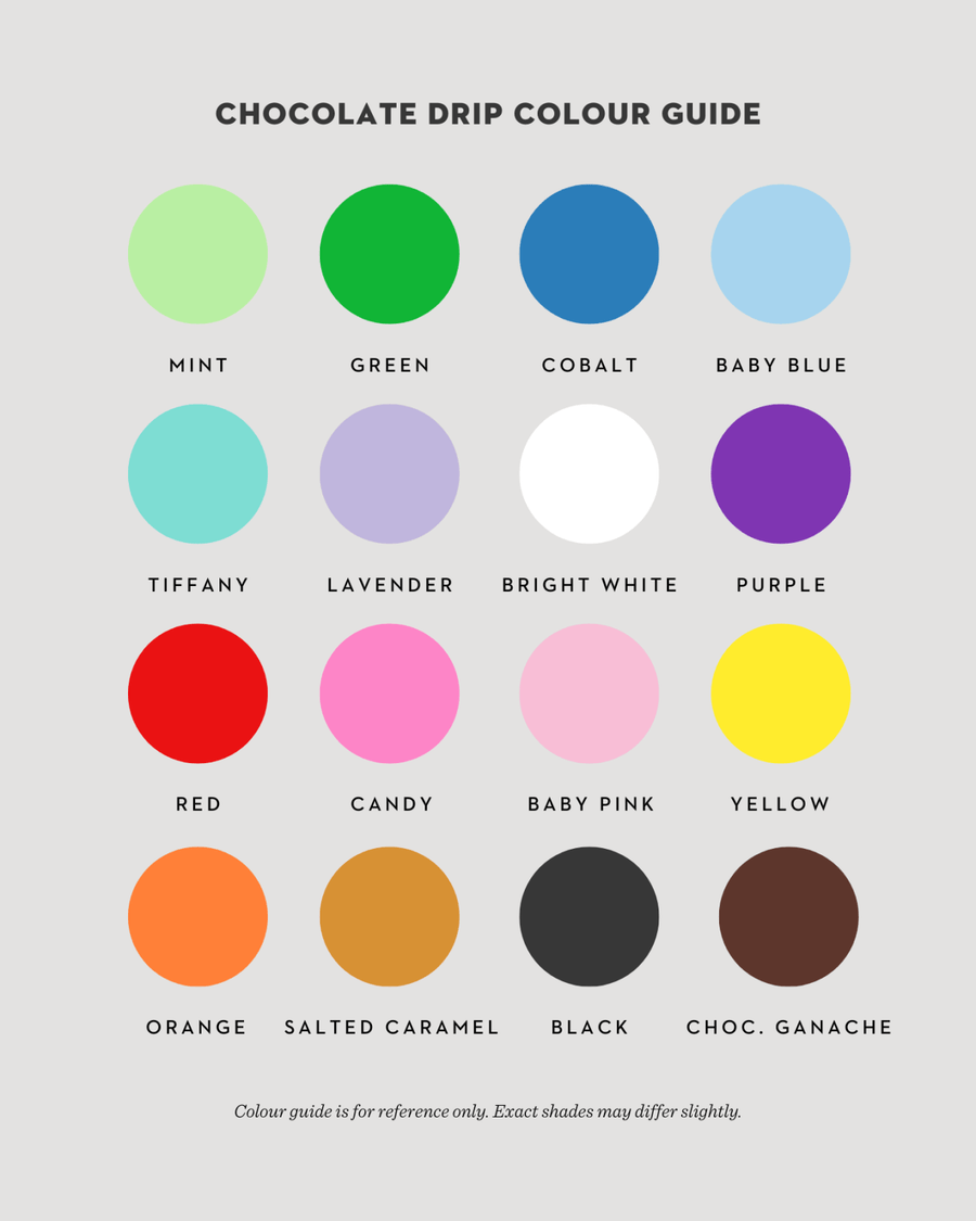A color guide for The Half Works Cake by Jenna Rae Cakes shows 16 circles labeled: Mint, Green, Cobalt, Baby Blue, Tiffany, Lavender, Bright White, Purple, Red, Candy, Baby Pink, Yellow, Orange, Salted Caramel, Black & Choc. Ganache.