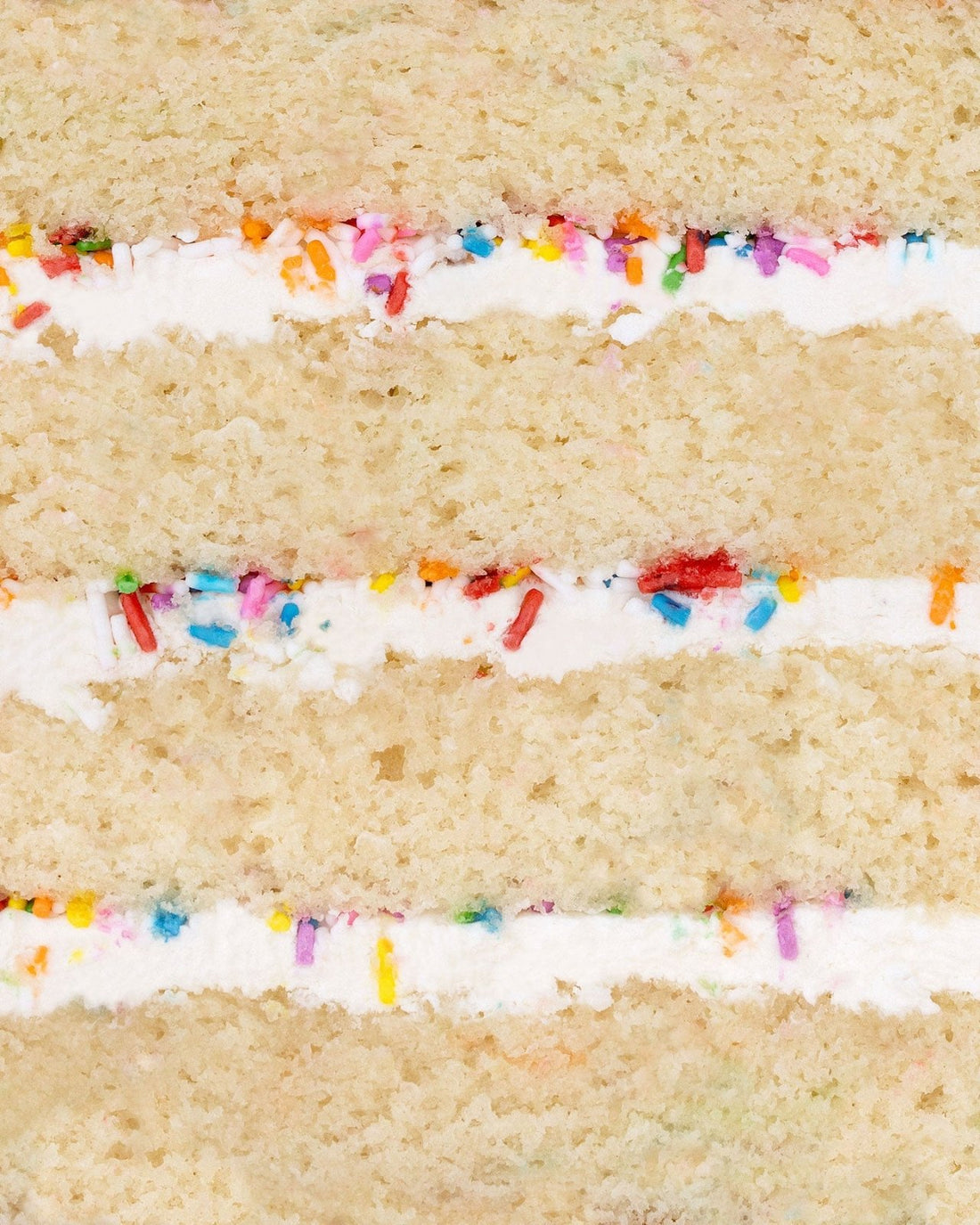 Close-up of Jenna Rae Cakes Vanilla Sprinkle Cake, featuring layers of white frosting and colorful rainbow sprinkles.