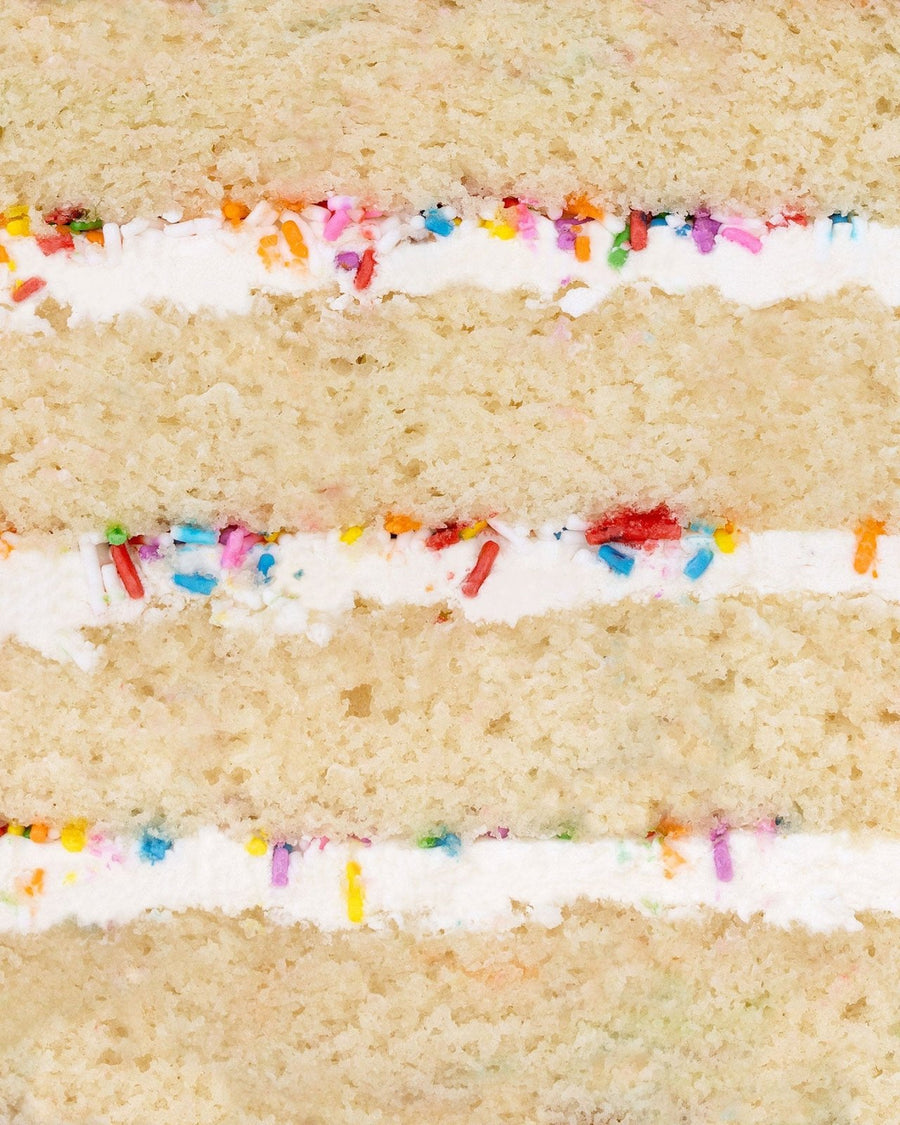 Close-up of Jenna Rae Cakes Vanilla Sprinkle Cake, featuring layers of white frosting and colorful rainbow sprinkles.