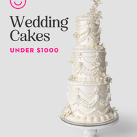 A tall, white multi-tiered wedding cake with icing garlands and sugar flowers sits on a marble stand. Jenna Rae Cakes’ Wedding Cakes Under $1,000. Pink smiley logo above.