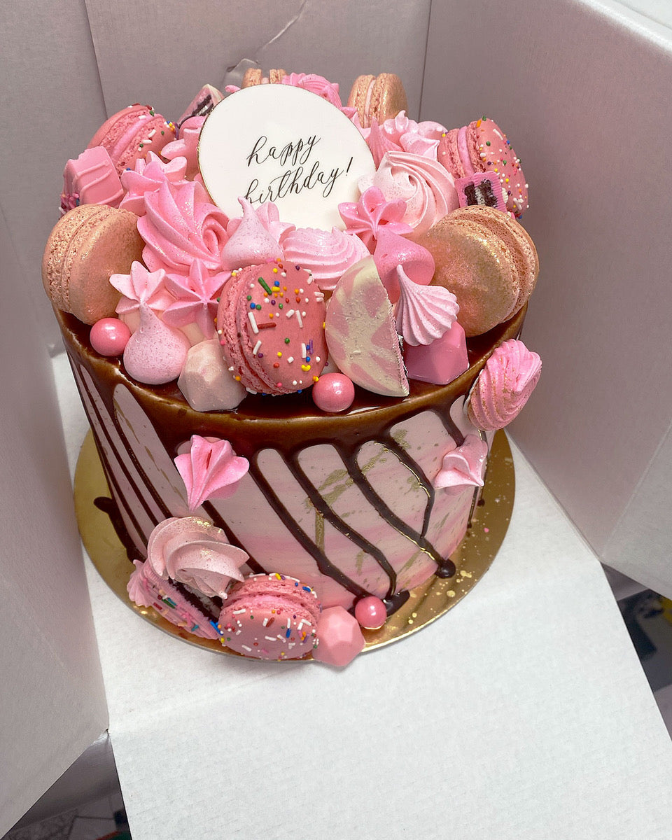 Design This Cake: Size: 8" | Select Colour Palette: Pinks | Add Metallic Splatter: Gold | Chocolate Drip: Chocolate Ganache | Add Greeting Plaque