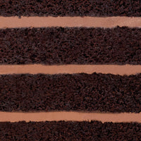 Close-up of a slice of Jenna Rae Cakes’ Chocolate Lovers Cake, featuring four thick layers of moist chocolate cake separated by smooth chocolate frosting.