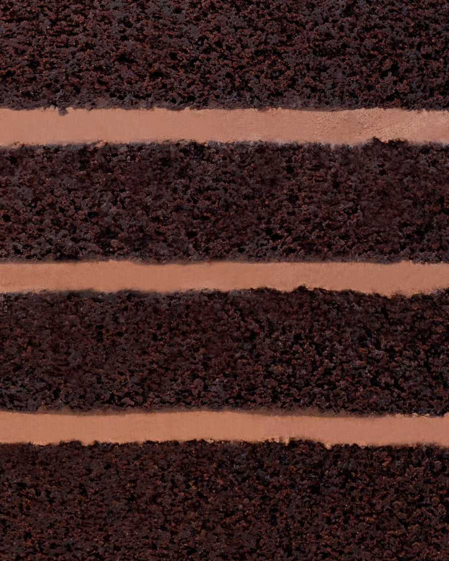 Close-up of a slice of Jenna Rae Cakes’ Chocolate Lovers Cake, featuring four thick layers of moist chocolate cake separated by smooth chocolate frosting.