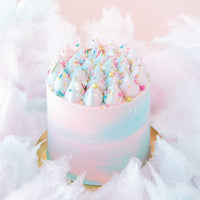 The Cotton Candy Cake by Jenna Rae Cakes features swirled pink and blue whipped frosting, colorful sprinkles, and fluffy cotton candy accents, set against a pale pink background.