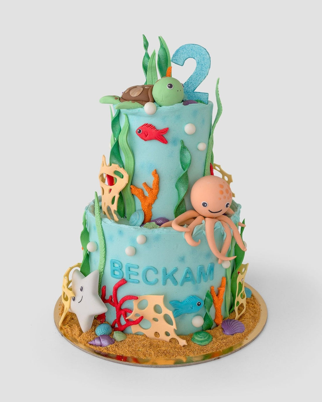 The One-of-a-Kind Cakes by Jenna Rae Cakes features a blue two-tier ocean-themed birthday cake with fondant seaweed, fish, turtle, octopus, starfish, coral, a large number 2 topper, and “Beckam” on the front.