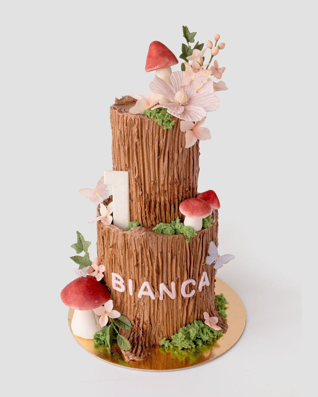 A two-tiered cake decorated to look like tree trunks, with red and white mushrooms, green moss, pastel flowers, butterflies, a number 1 candle, and the name Bianca in white letters on the lower tier.