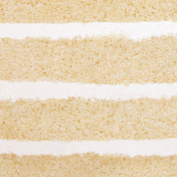 Close-up of Vanilla Cake by Jenna Rae Cakes, showing thick layers of light yellow cake and smooth white frosting with visible texture and smoothness.