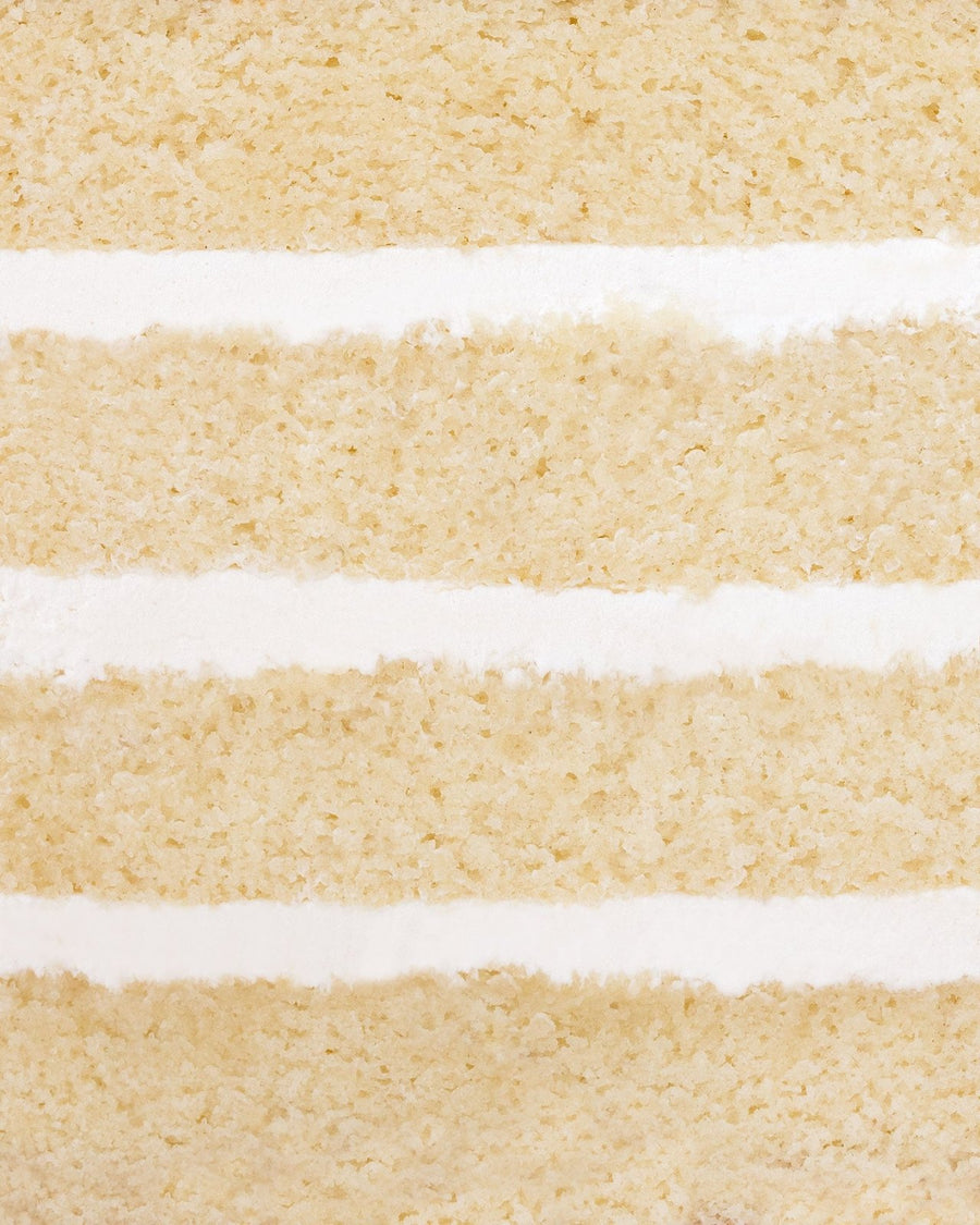 Close-up of Vanilla Cake by Jenna Rae Cakes, showing thick layers of light yellow cake and smooth white frosting with visible texture and smoothness.