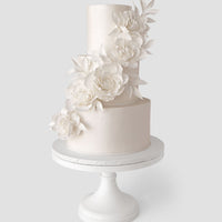 A three-tiered white cake by Jenna Rae Cakes, part of their Wedding Cakes Under $1,000 collection, features elegant white sugar flowers and is presented on a pedestal against a light gray background.